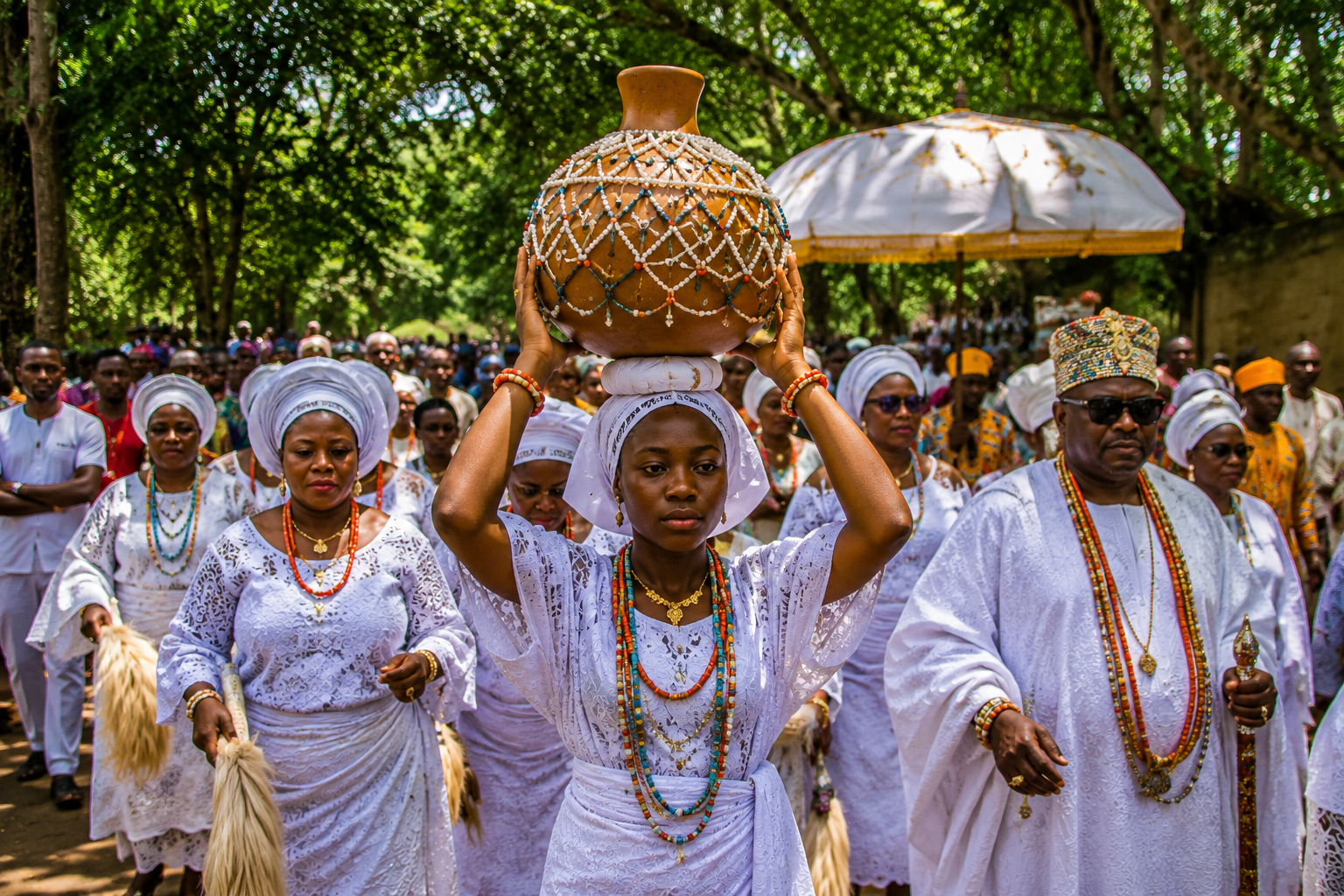 Arugba carrying the sacred calabash during the Osun-Osogbo Festival procession
