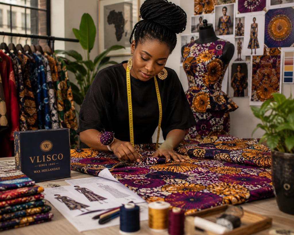 African fashion designer creating garments with Vlisco fabric.