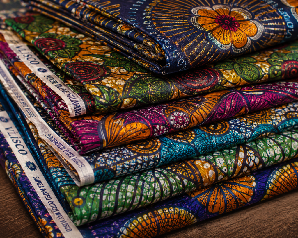 Close-up of authentic Vlisco fabric showing vibrant colours and premium cotton texture.