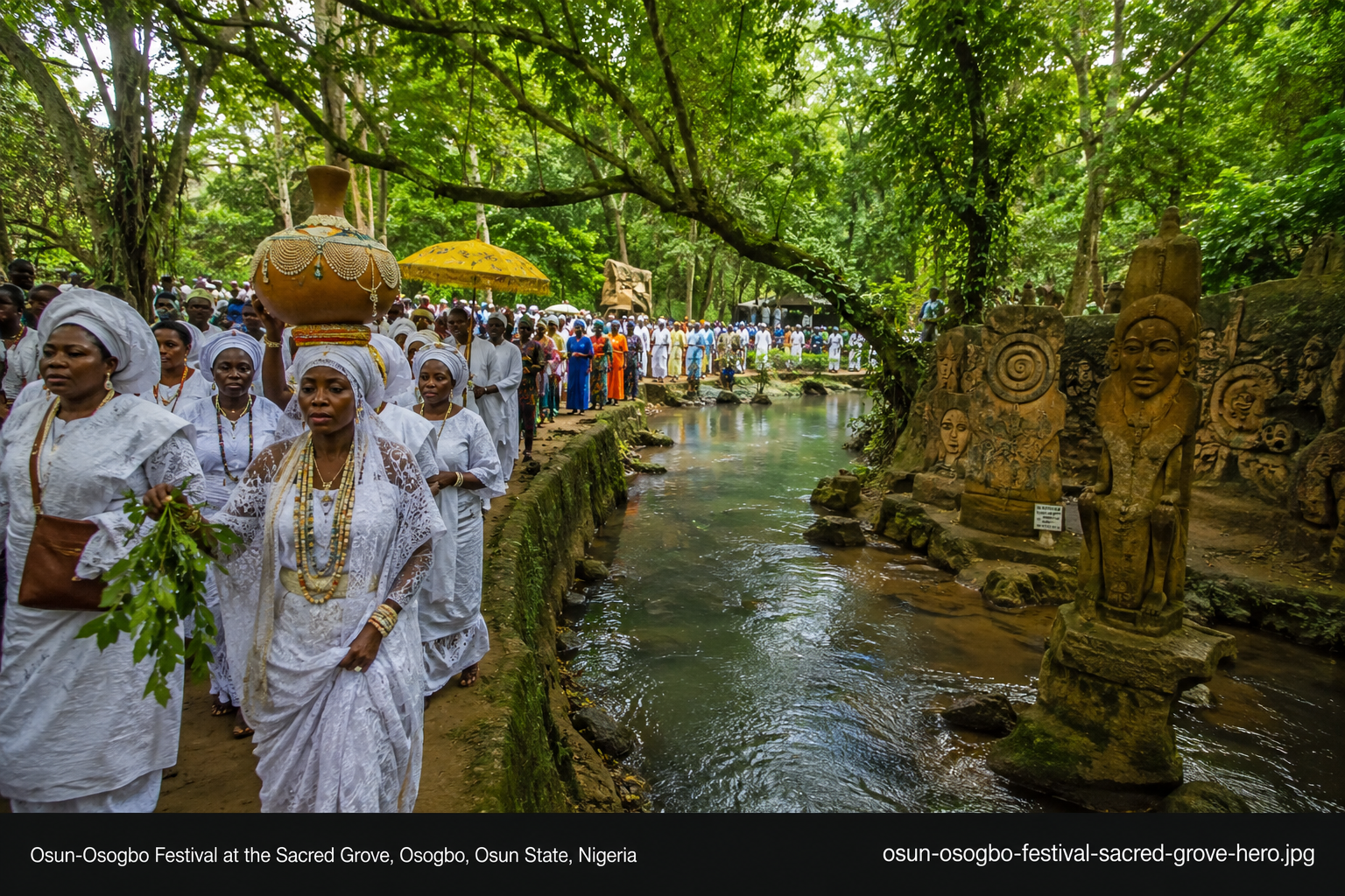 Devotees in procession during the Osun-Osogbo Festival at the Sacred Grove in Osogbo, Osun State, Nigeria.