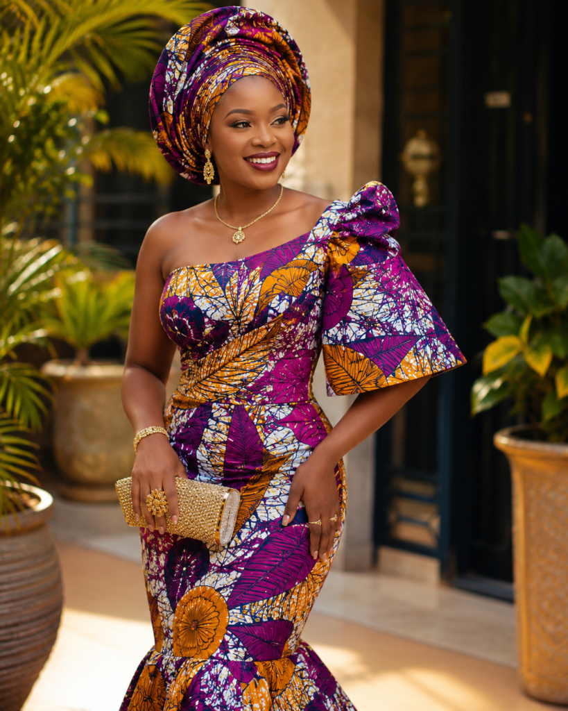 Woman wearing an authentic Vlisco Dutch Wax dress showcasing African fashion heritage.