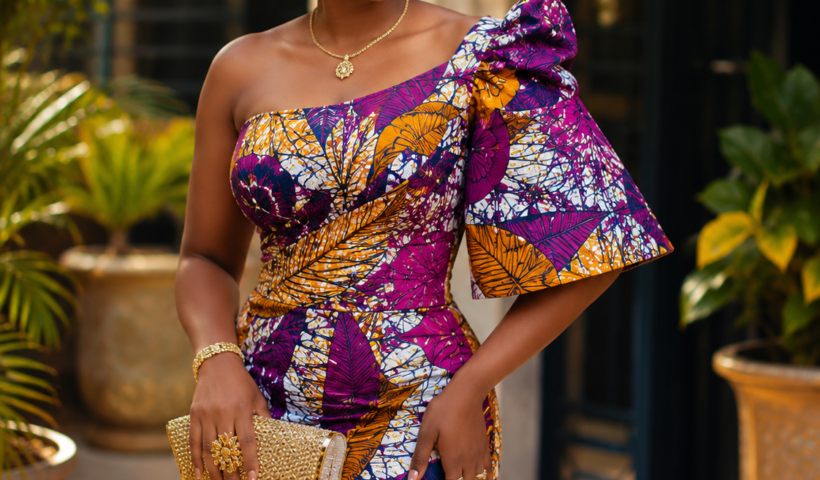 Woman wearing an authentic Vlisco Dutch Wax dress showcasing African fashion heritage.