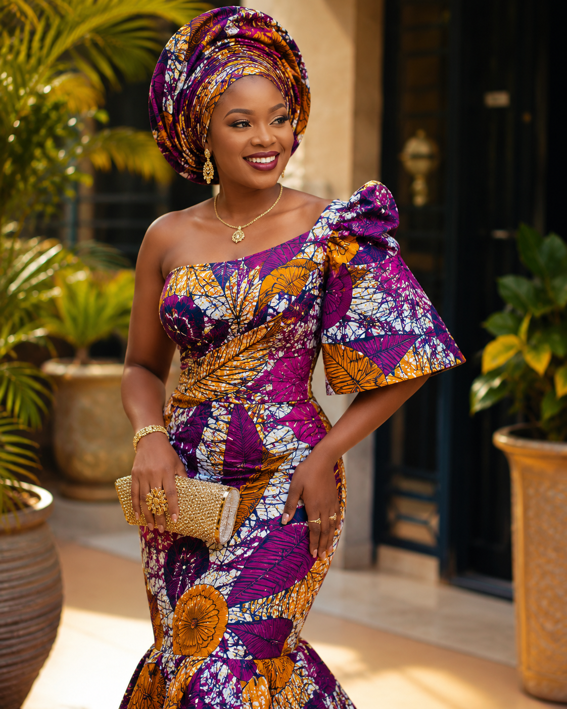Woman wearing an authentic Vlisco Dutch Wax dress showcasing African fashion heritage.