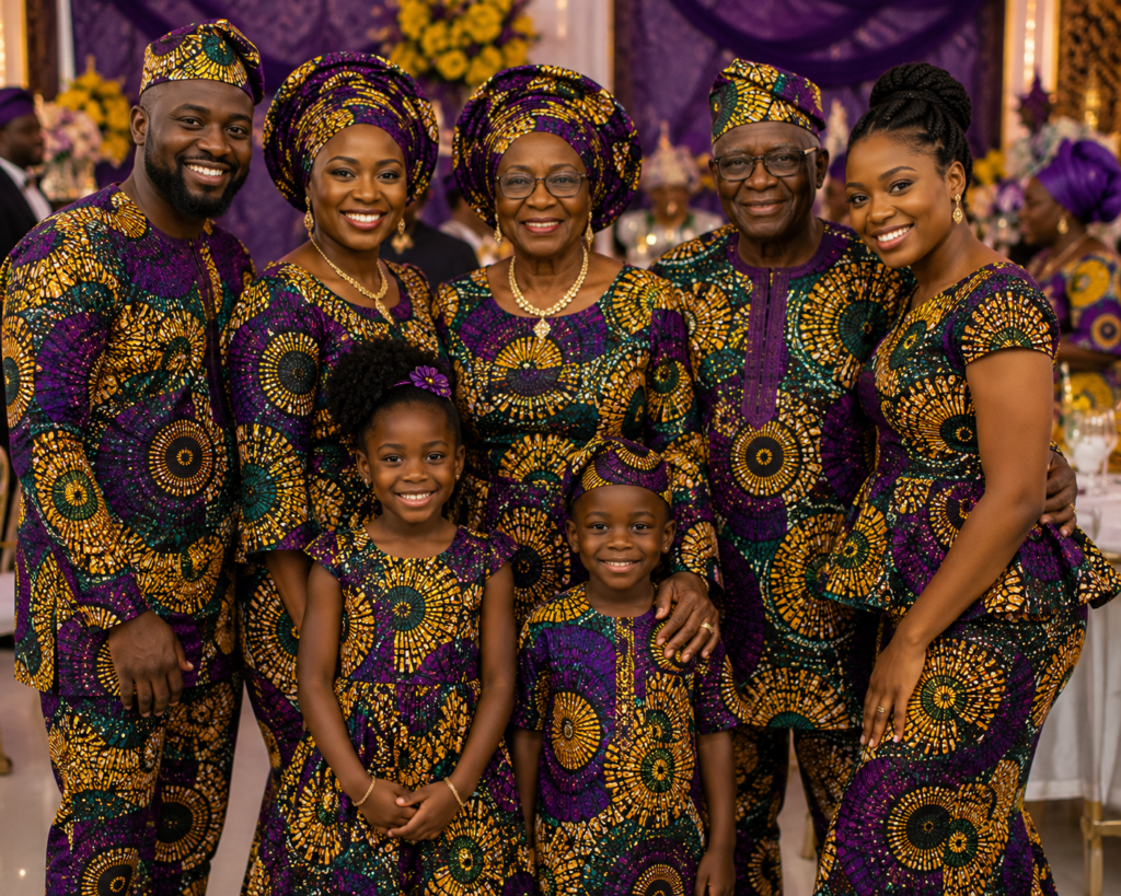 African family celebrating together while wearing coordinated outfits