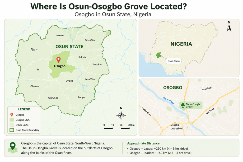 Map showing Osogbo in Osun State Nigeria and the location of Osun Osogbo Grove