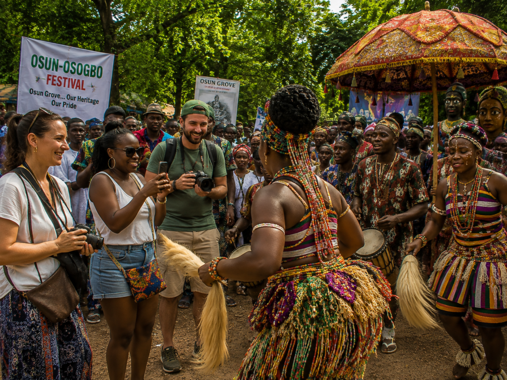 Visitors and photograhy enthusiasts exploring Osun Osogbo Grove in Nigeria