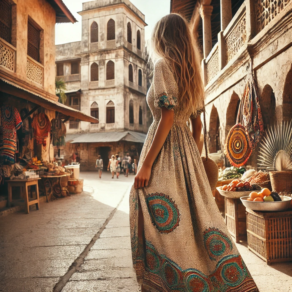 Traveler in a flowy maxi dress, a chic Zanzibar vacation outfit for sightseeing.
