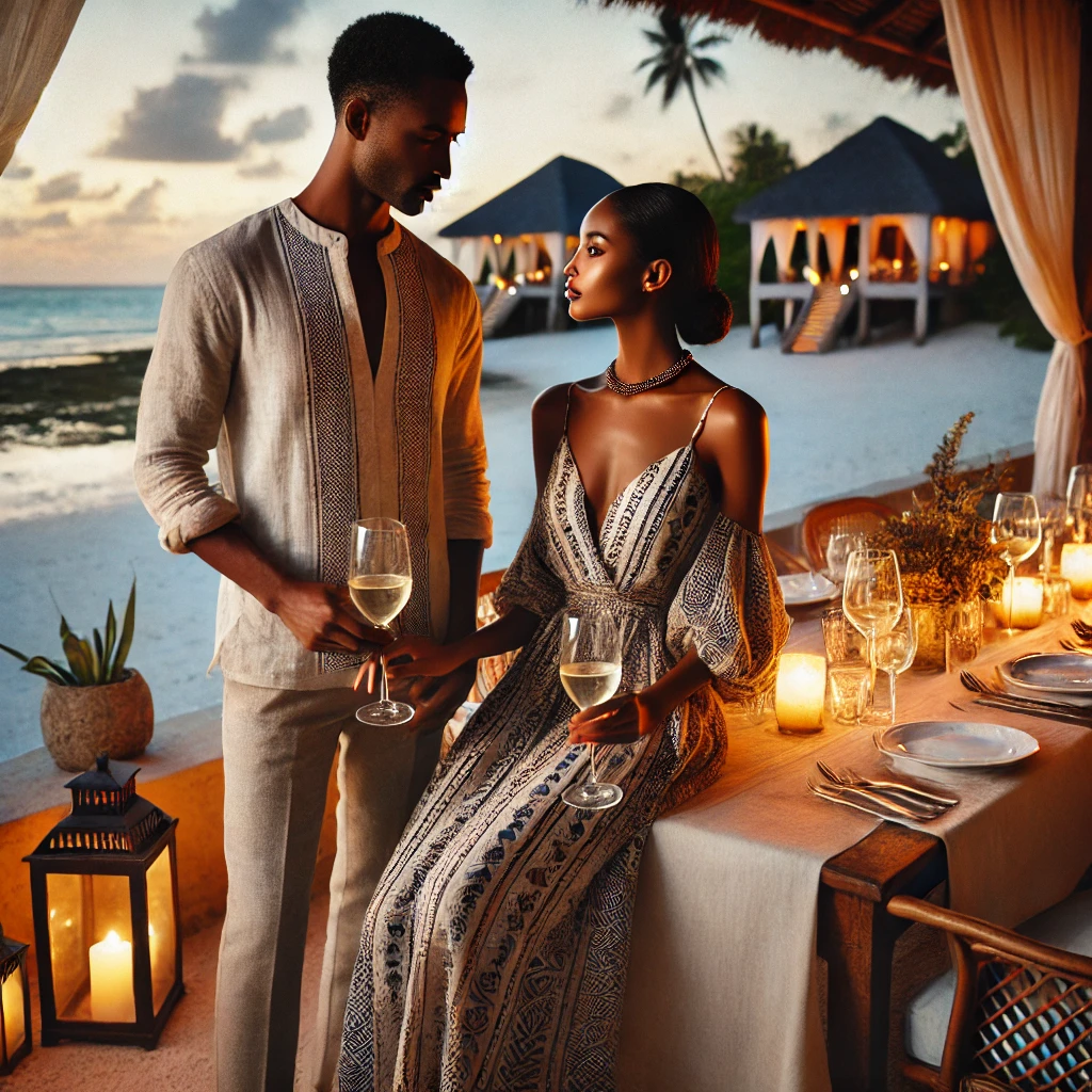 Couple in elegant Zanzibar vacation outfits, enjoying a beachside dinner under the stars.