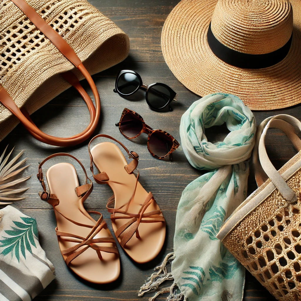 Flat lay of essential accessories for Zanzibar vacation outfits, including sandals, a sun hat, and a woven tote.