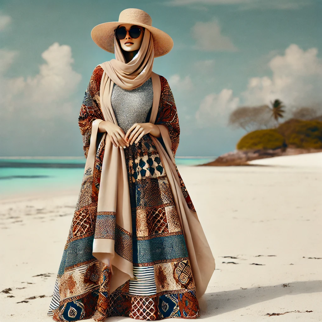 Woman in a modest Zanzibar vacation outfit, wearing a sarong and sun hat by the beach.