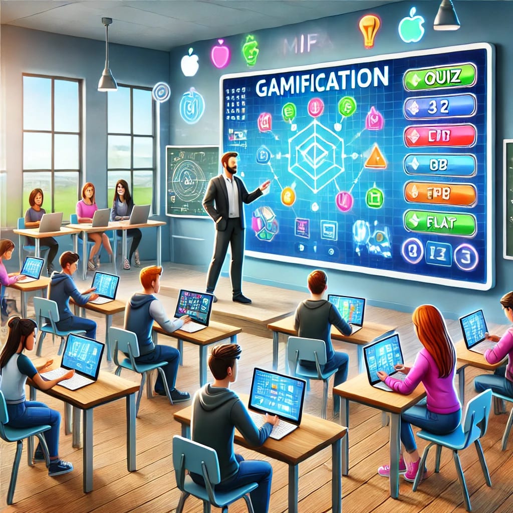 "Students in a modern classroom engaging with a gamified educational app on a smartboard, facilitated by a teacher."