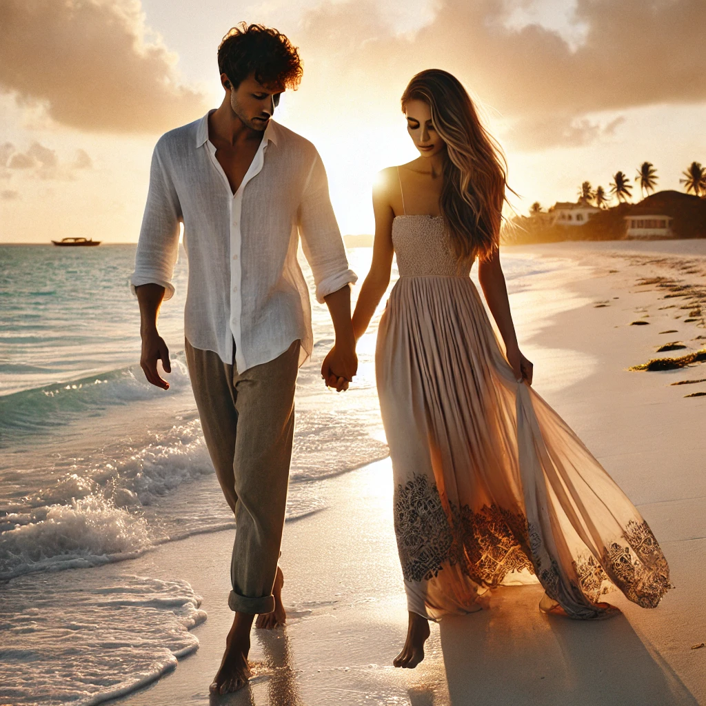 Couple in elegant Zanzibar vacation outfits, walking along a scenic beach at sunset.
