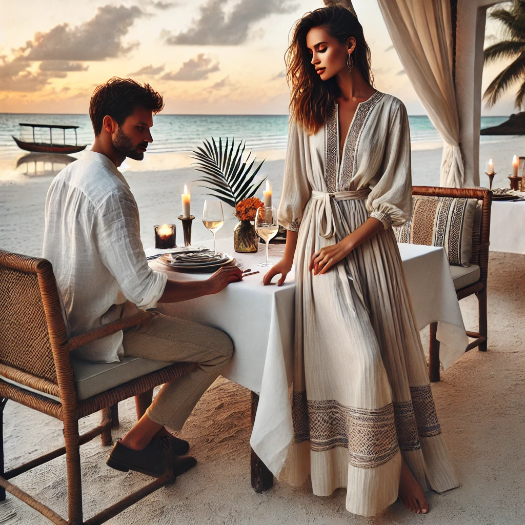 Couple in elegant Zanzibar vacation outfits, enjoying a beachside dinner under the stars.