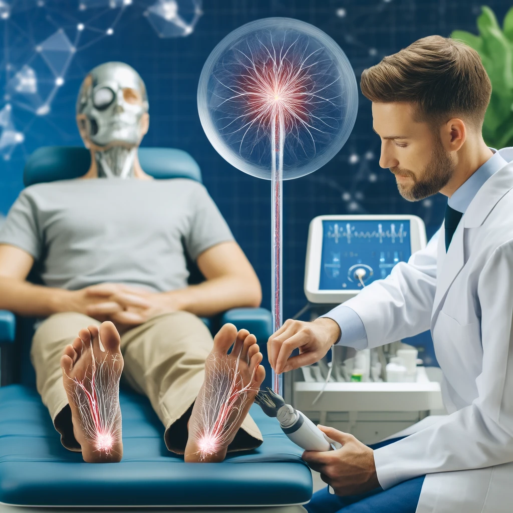 "Spine and Nerve Centre Nigeria: AI generated image of a medical professional performing peripheral neuropathy treatment on a patient's legs."

