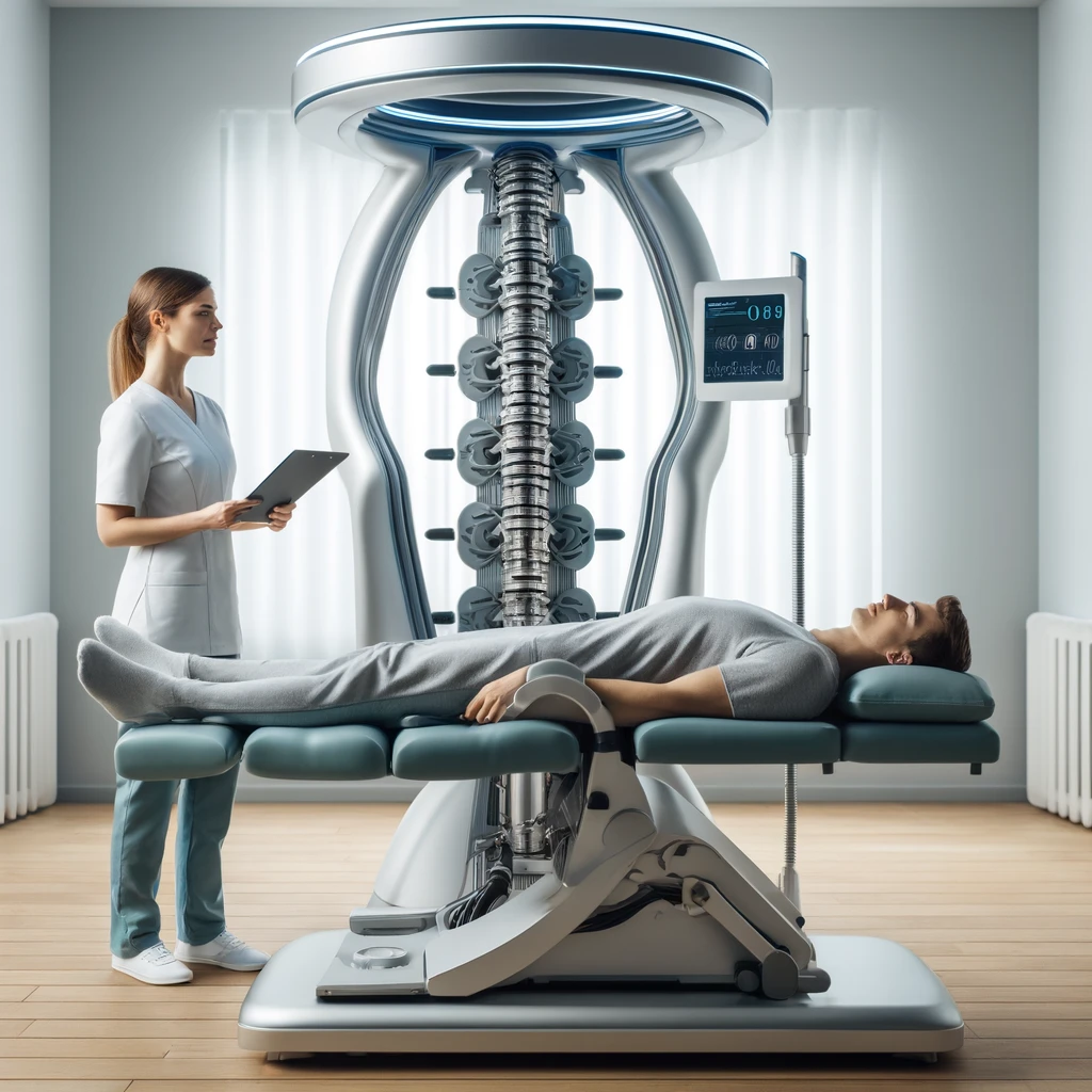 "Spine and Nerve Centre Nigeria: AI generated image of a modern spinal decompression therapy session in a medical facility."
