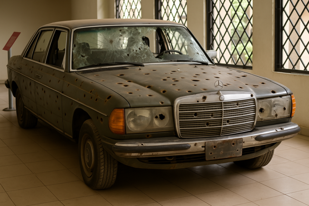 National Museum Onikan Lagos: AI generated image of Murtala Mohammed's bullet-riddled car. Tour Africa Mag.