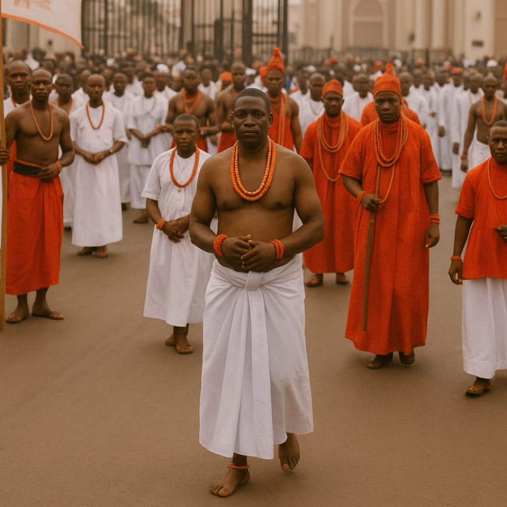 Visit Benin: Igue Festival dancers in traditional Benin attire.