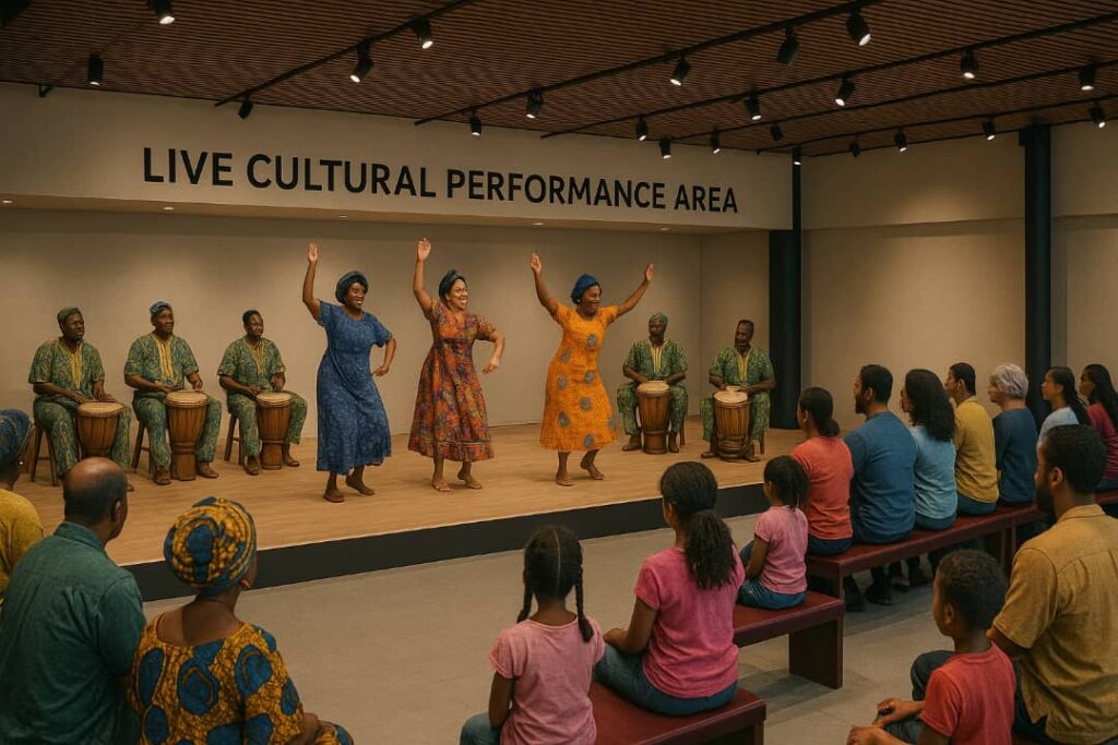 “John Randle Centre: AI-generated illustration of Yoruba drummers and dancers performing at a cultural event” Tour Africa Mag. 