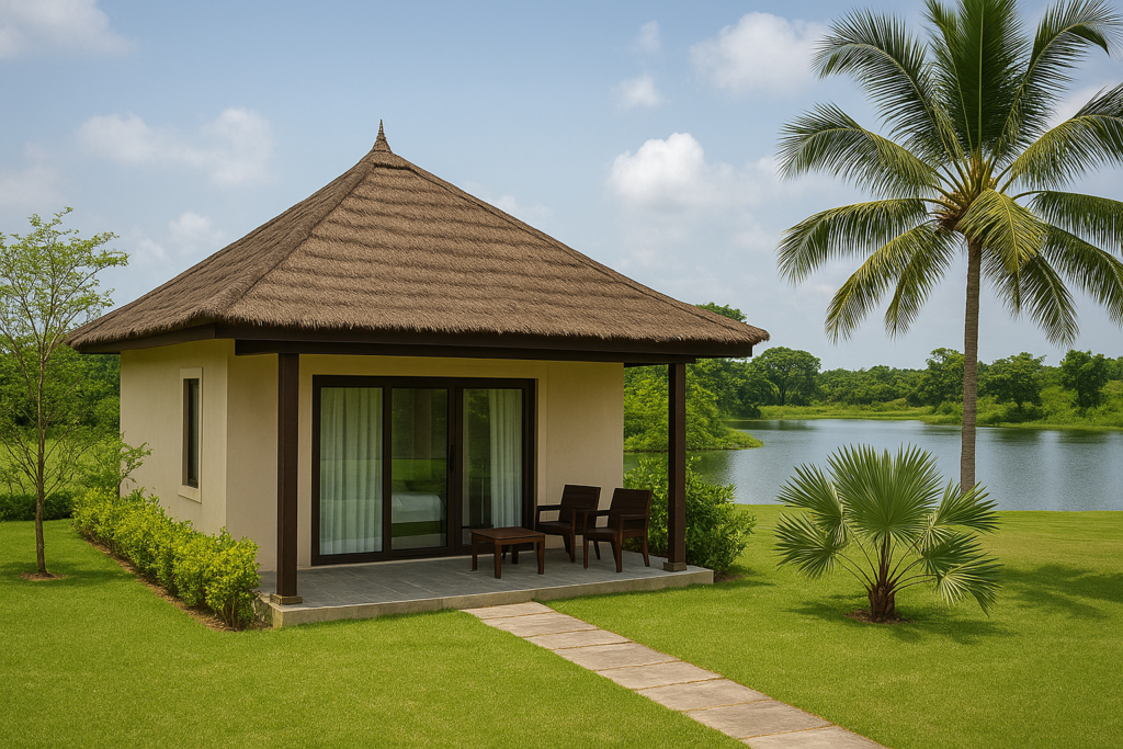 Balinese-style cottage at Lakowe Lakes Resort Nigeria with greenery and lake view. Tour Africa Mag. 