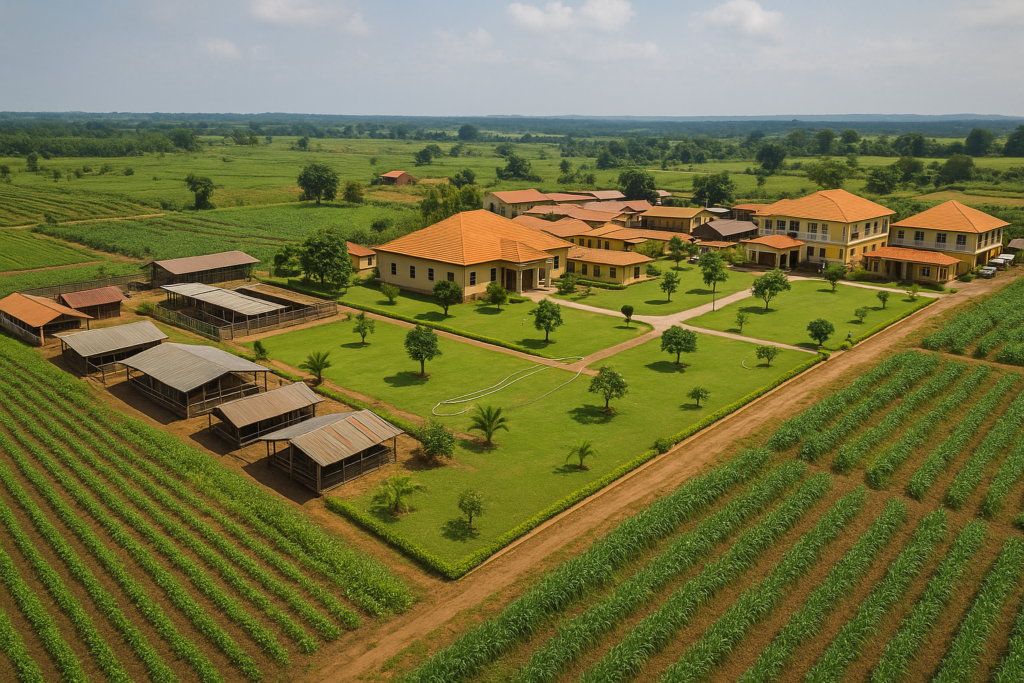 Xtralarge Farm Agritourism- Aerial view of Xtralarge Farms showing farmland, buildings, and greenery