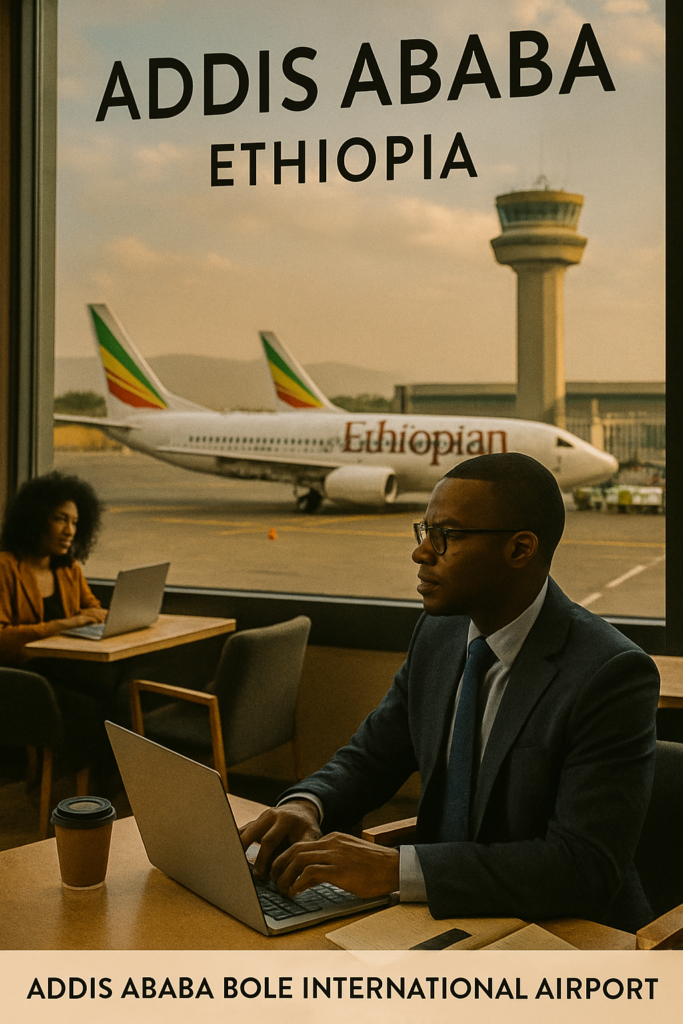 Best African Airports for Business: Business lounge in Addis Ababa Bole International Airport with modern amenities. Tour Africa Magazine.
