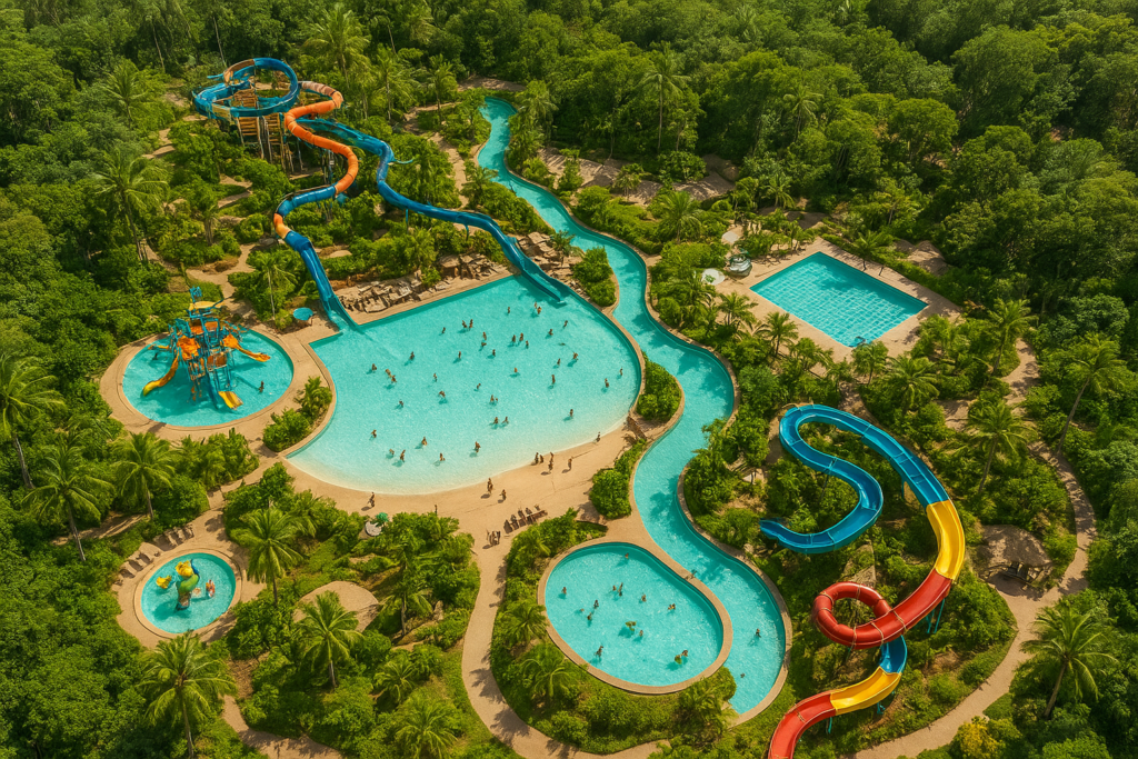 Best Waterparks in Africa: Aerial view of a waterpark with pools plus greenery. Tour Africa Magazine