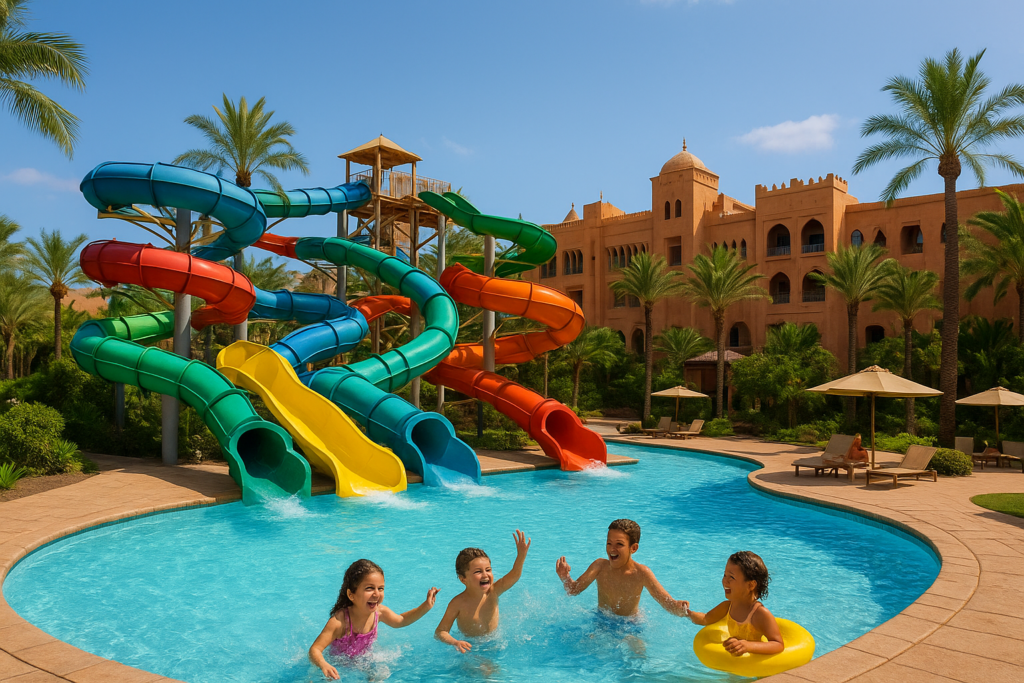 Aqua Mirage Club in Marrakesh, Morocco, with twisting water slides and family pools. Tour Africa Magazine