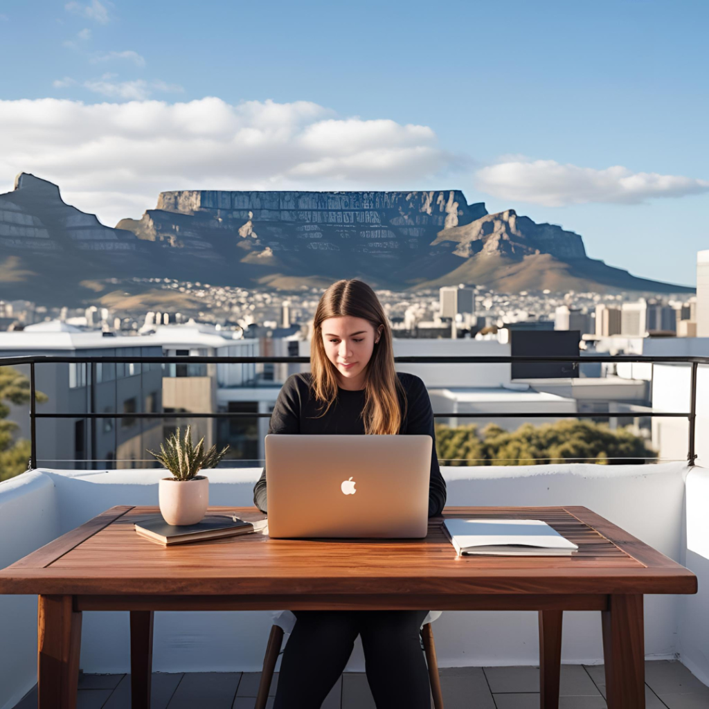 Young woman working on a laptop on a terrace in Cape Town. Tour Africa Magazine