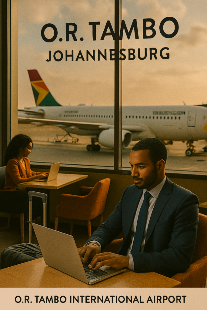 Best African Airports for Business: Corporate lounge at Johannesburg O.R. Tambo International Airport with executives relaxing. Tour Africa Magazine