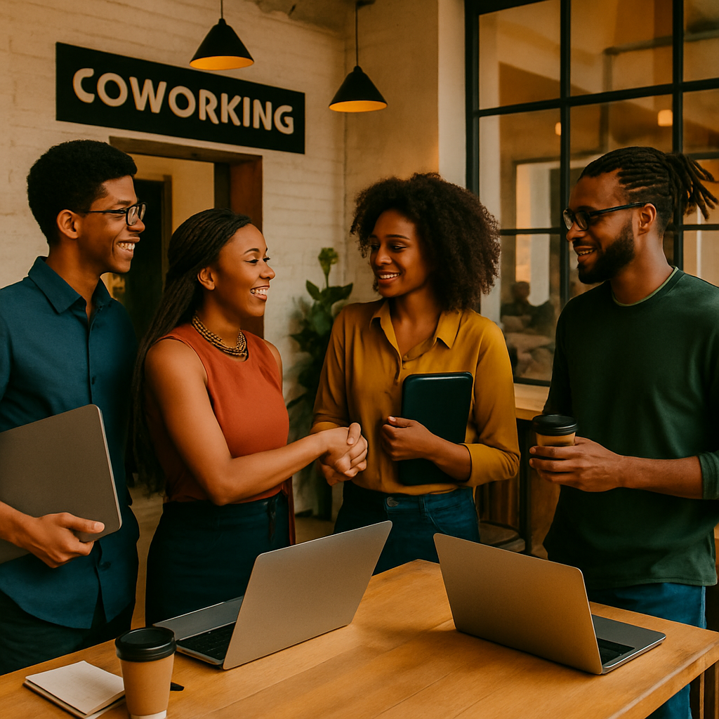 Remote Work Hubs in Africa: Group of digital entrepreneurs networking in Lagos coworking space. Tour Africa Magazine