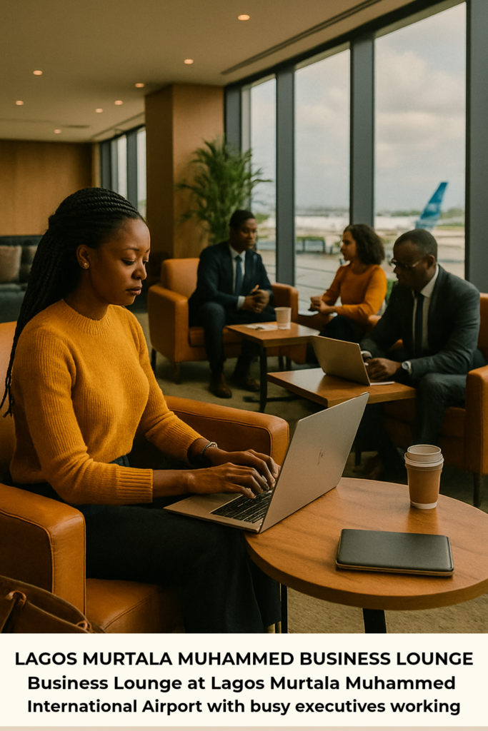 Best African Airports for Business: Business lounge at Lagos Murtala Muhammed International Airport with executives working. Tour Africa Magazine