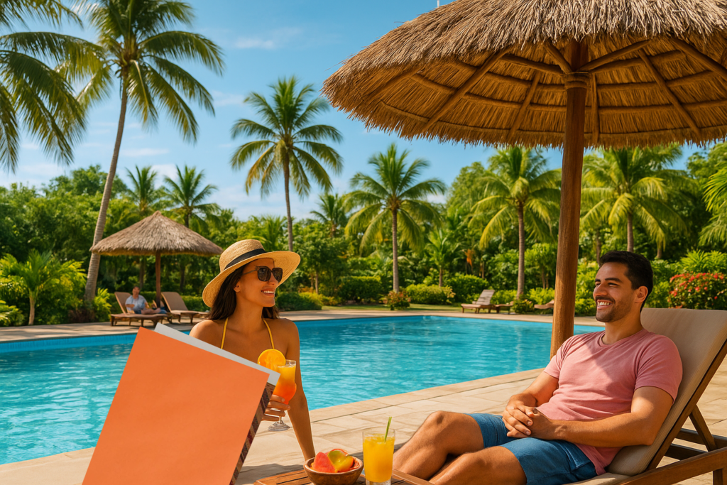 Cabanas, loungers, and shaded relaxation spots. A tropical vibe with palm trees and cocktails. Tour Africa Magazine 