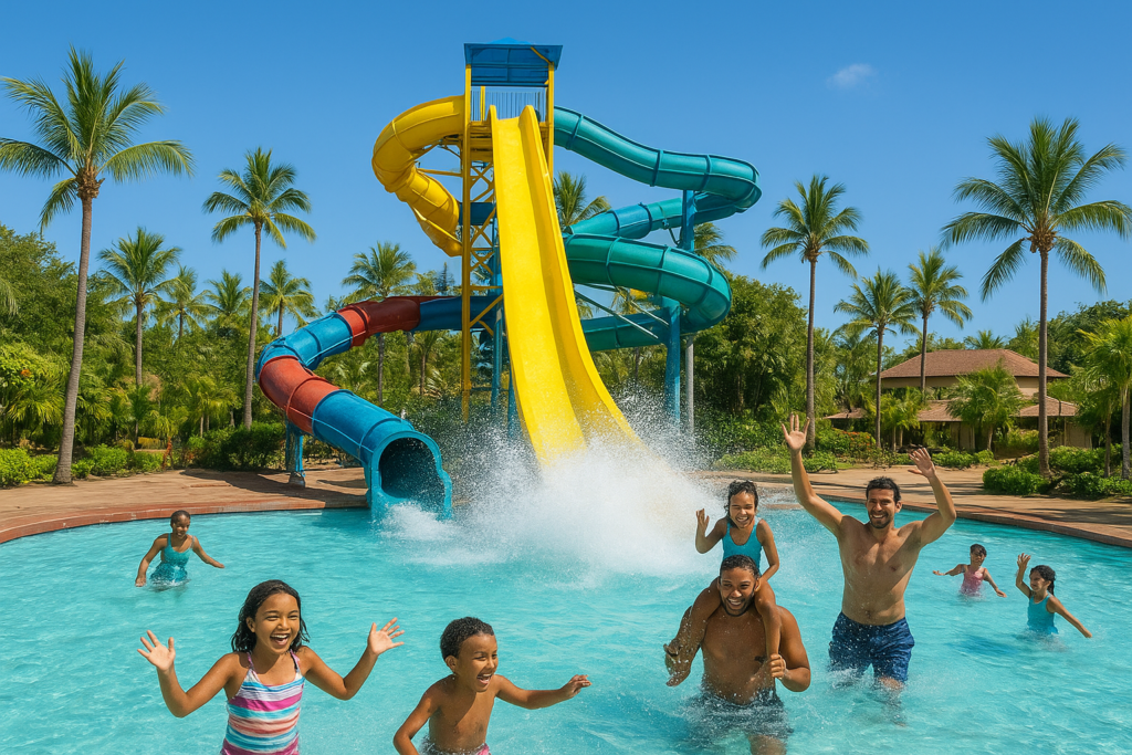 Families enjoying thrilling slides and splash pools at Wild Waters in Mombasa, Kenya. Tour Africa Magazine