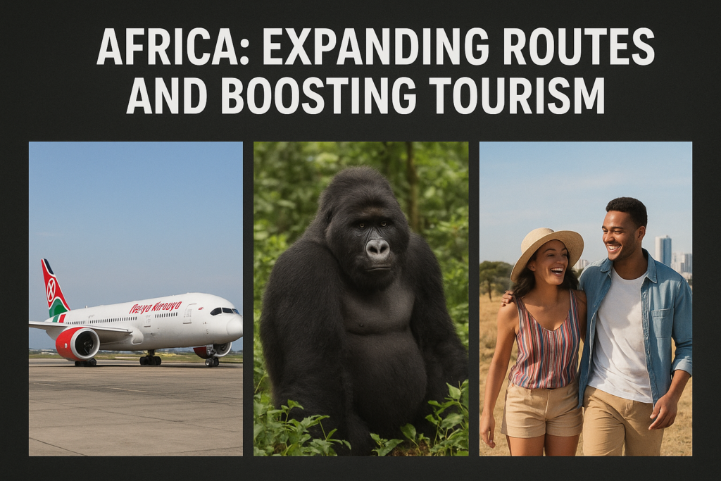 Trending Travel News: "Africa tourism expansion – Kenya Airways aircraft, Kigali Convention Centre, and South Africa Sho’t Left travel week experiences."