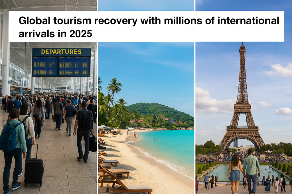 Trending Travel News September 20,2025: “Global tourism recovery 2025 featuring crowded airport terminal, Asia-Pacific beach destination, and Eiffel Tower in Europe.” Tour Africa Magazine