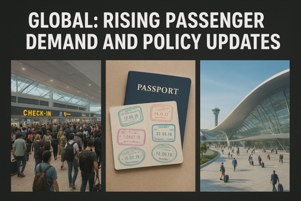 Trending Travel News: "Global travel updates – crowded airport terminal, passports with visas, and futuristic airport design showing rising passenger demand and policy changes."