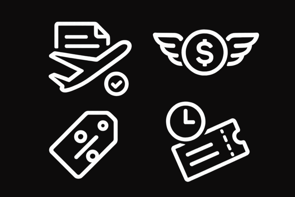 "Travel icons set – airplane and policy, money with wings for tariff changes, discount tag for Sho’t Left deals, and clock with ticket for IATA passenger demand."