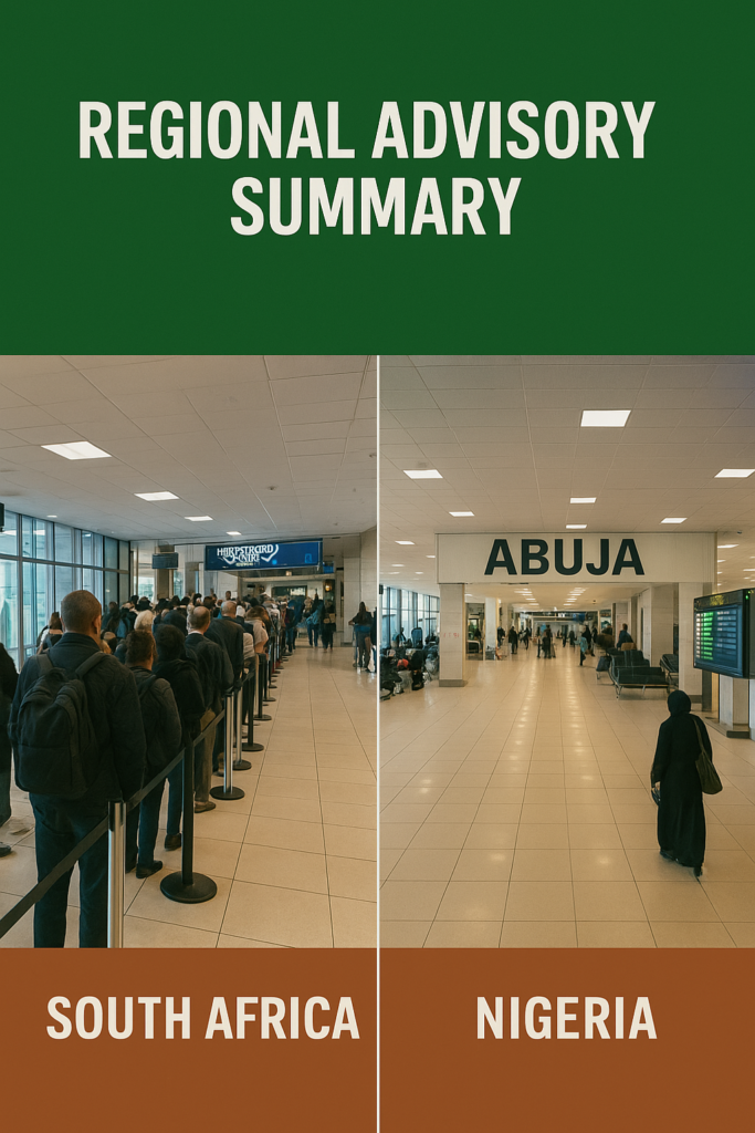 “Travel advisory updates for South Africa and Nigeria as Africa’s travel season continues in October 2025.” Tour Africa Magazine