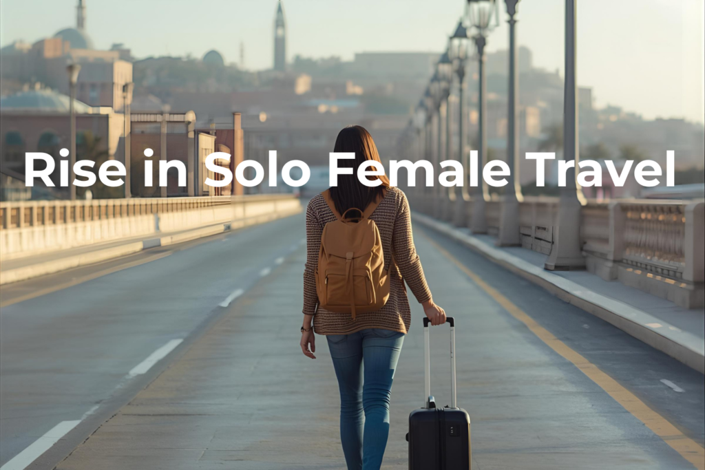 “Confident solo female traveler exploring a vibrant city, highlighting the rise in solo female travel trend in 2025.” Tour Africa Magazine