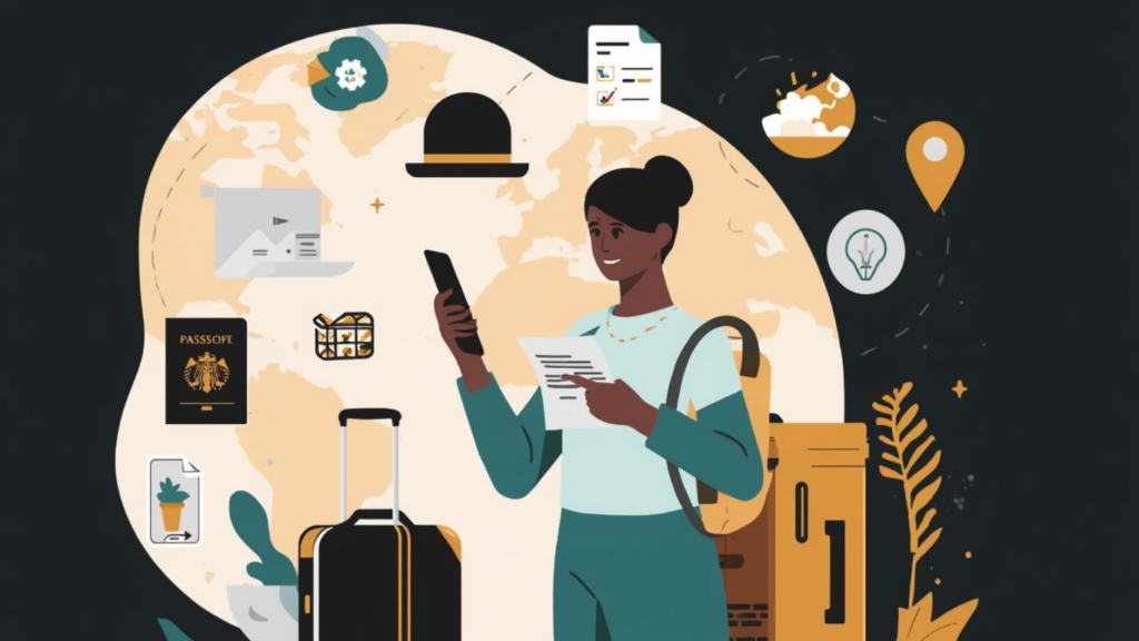 āTraveler checking boarding pass and travel checklist with global icons ā Tour Africa Magazine travel tips visual.