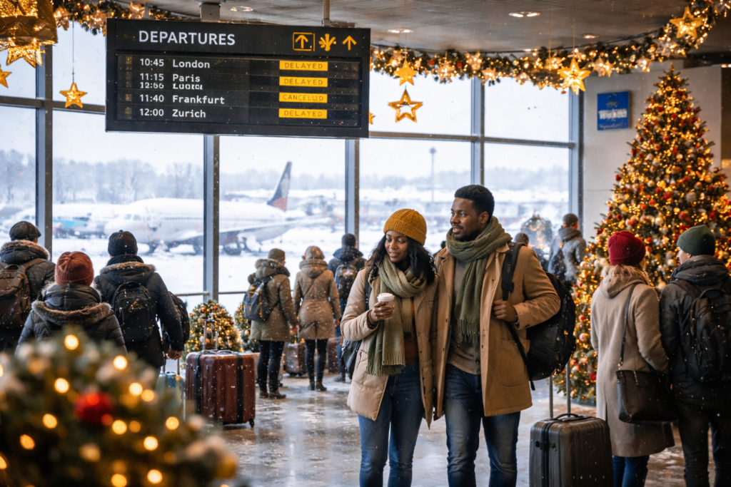 Festive travel season at a busy airport in December