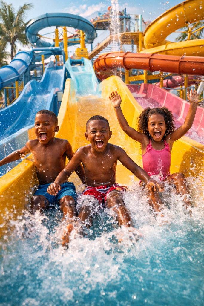 Children enjoying water park during festive travel in Nigeria. Tour Africa Magazine 