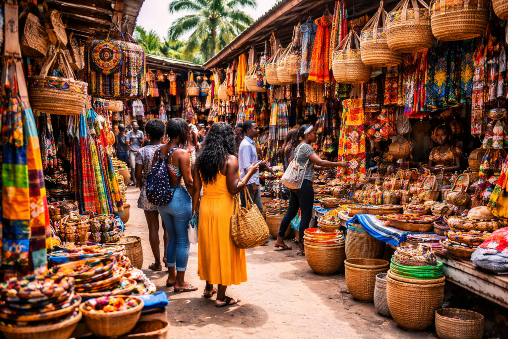 Shoppers walking through a colorful Lagos arts and crafts market with stalls selling African fabrics, baskets, and handmade souvenirs. Tour Africa Magazine