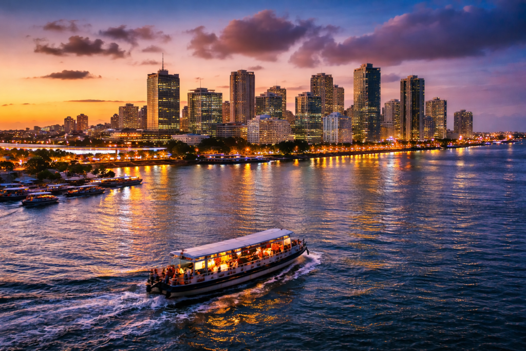 Passenger ferry boat moving across Lagos Lagoon at sunset with Victoria Island skyline and city lights reflecting on the water. Tour Africa Magazine