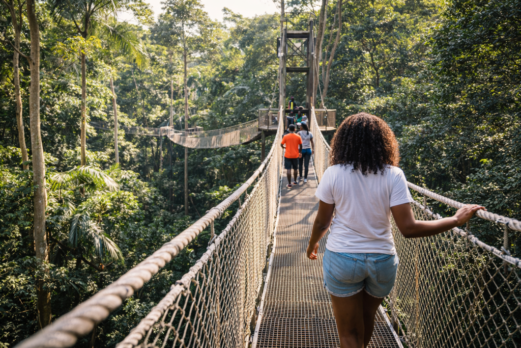 Visitors walking on the canopy walkway at Lekki Conservation Centre in Lagos surrounded by tropical forest. Tour Africa Magazine
