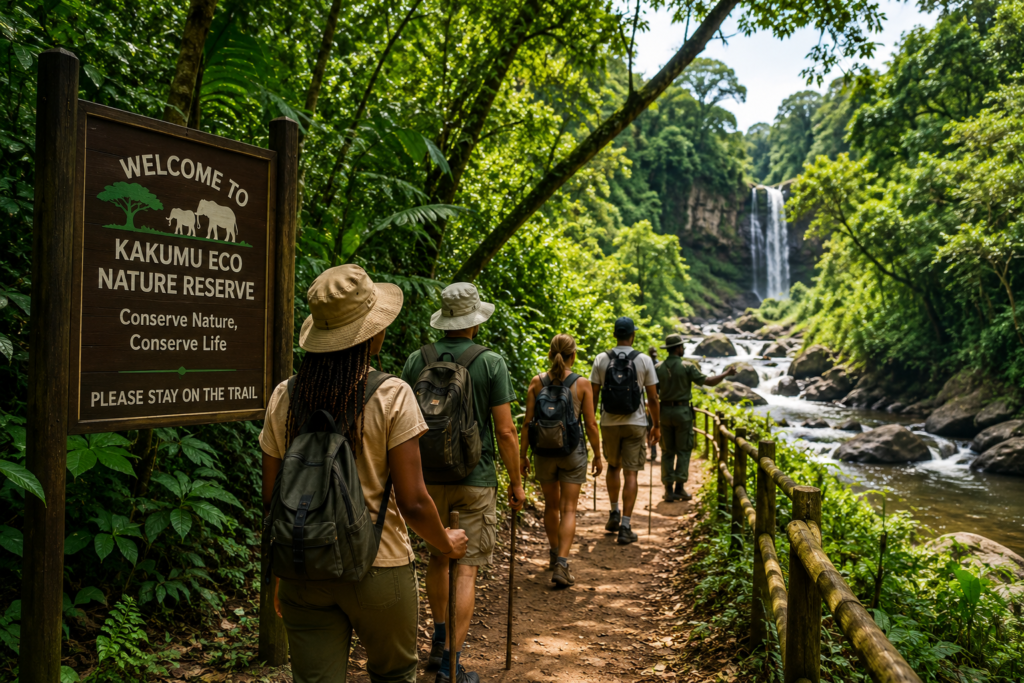 Tourists enjoying an eco-tourism experience in an African nature reserve.
