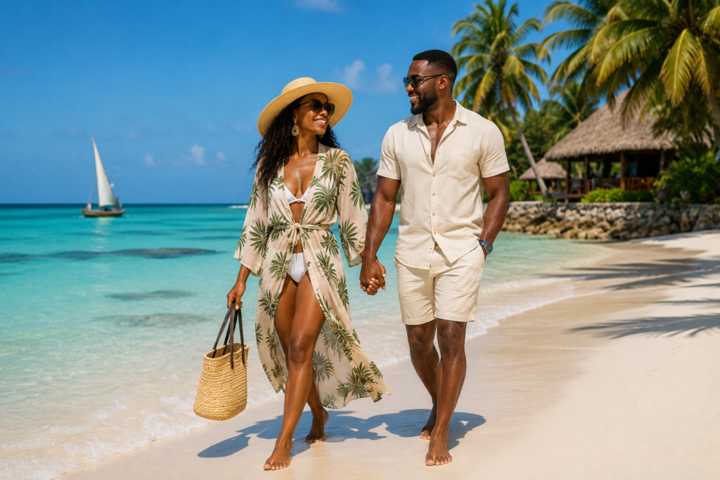 Travelers wearing lightweight beach clothing on an African tropical beach