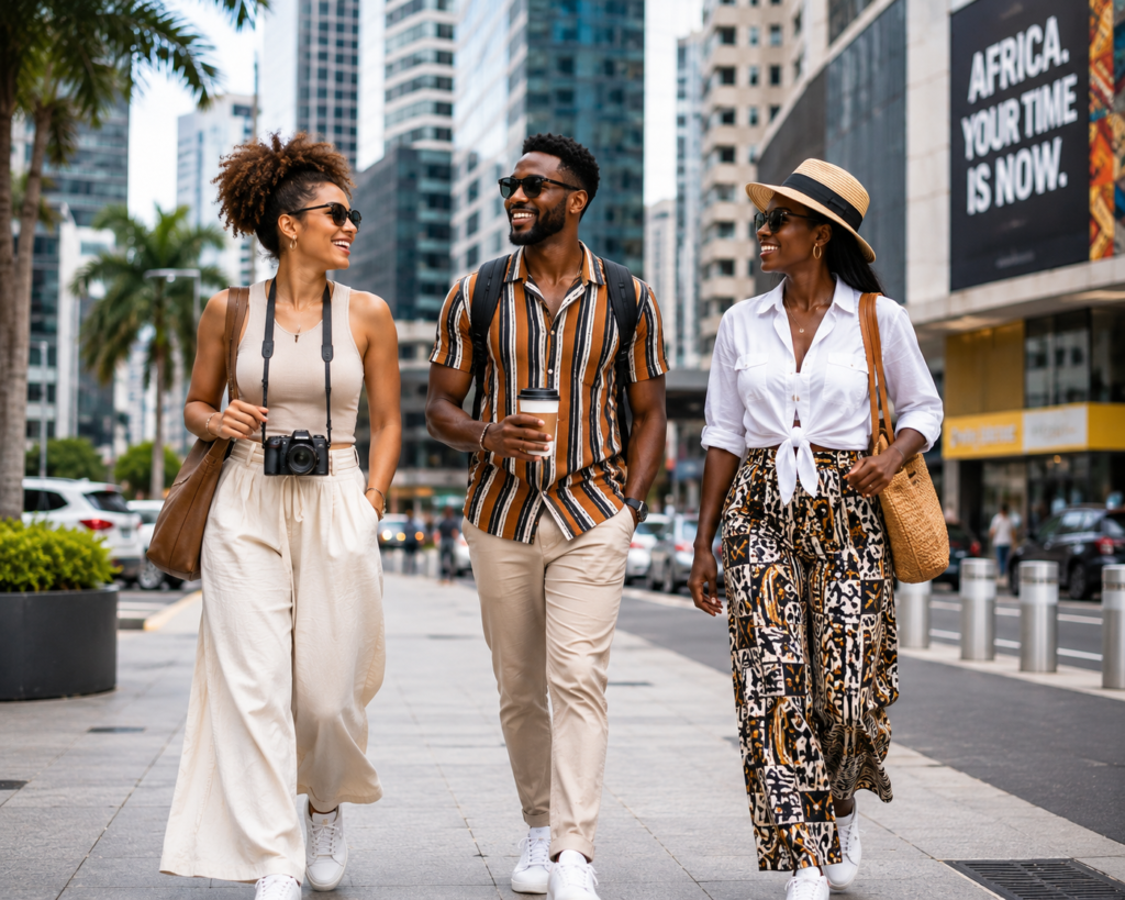 Tourists wearing smart casual outfits while exploring a modern African city