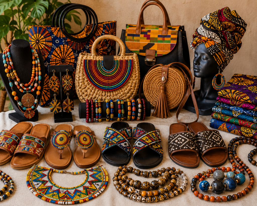Handmade African accessories including bags, jewelry, sandals, and headwraps
