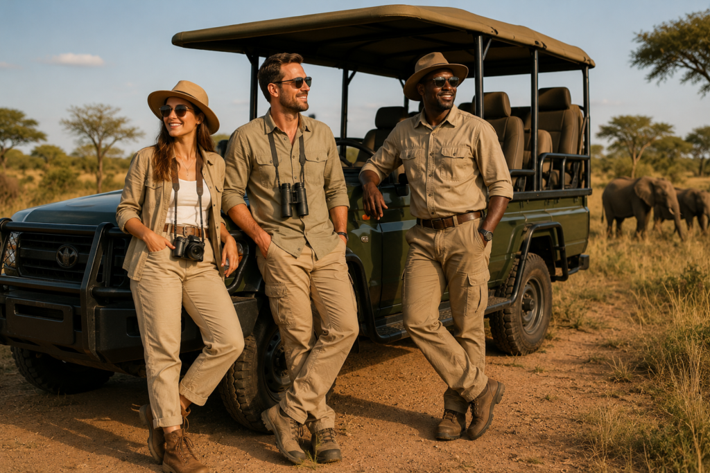 Tourists wearing neutral safari clothing during an African wildlife safari